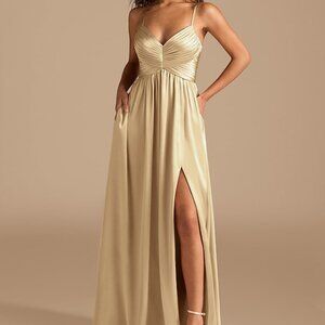 Azazie Alia - Champagne A-Line Pleated Metallic Satin Dress